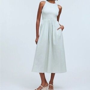 NWT Madewell Melody Smocked Midi Dress Pistachio Green Stripe